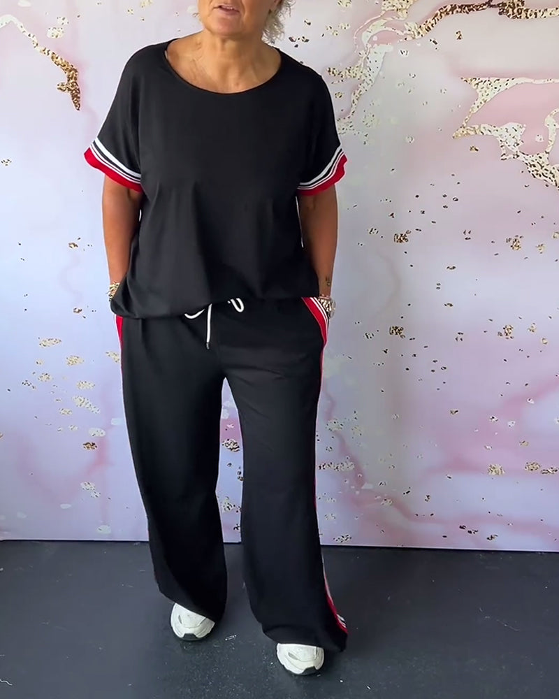 💥Vente de fin d'été 50% DE RÉDUCTION💕Costume deux pièces décontracté à encolure ronde et motif à rayures contrastantes🧥+👖