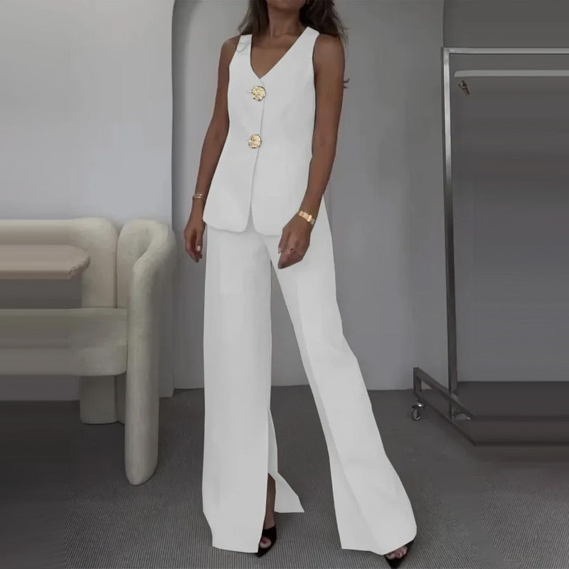 🔥49% de réduction💕Ensemble deux pièces pour femme Veste sans manches et pantalon avec décolleté en V et fermeture à boutons sur le devant