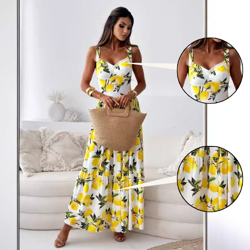 💕49% Off🍋Women's Elegant Lemon Print Spaghetti Strap Flowy Long Dress