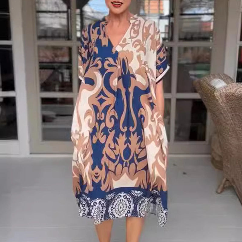 🔥Promotion olympique - 49% de réduction 🔥Robe midi imprimée et décontractée avec décolleté en V