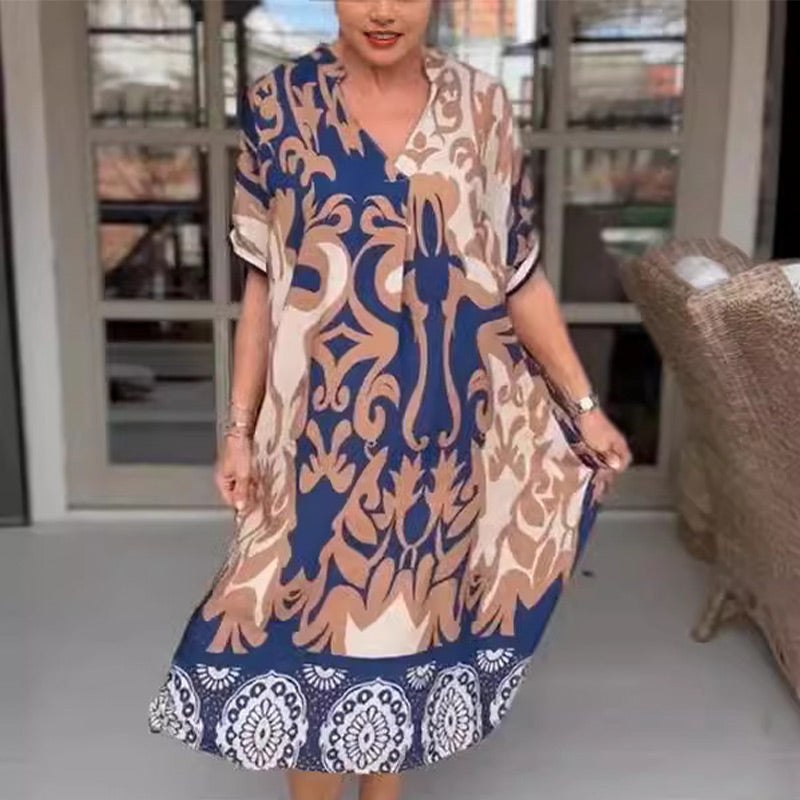 🔥Promotion olympique - 49% de réduction 🔥Robe midi imprimée et décontractée avec décolleté en V