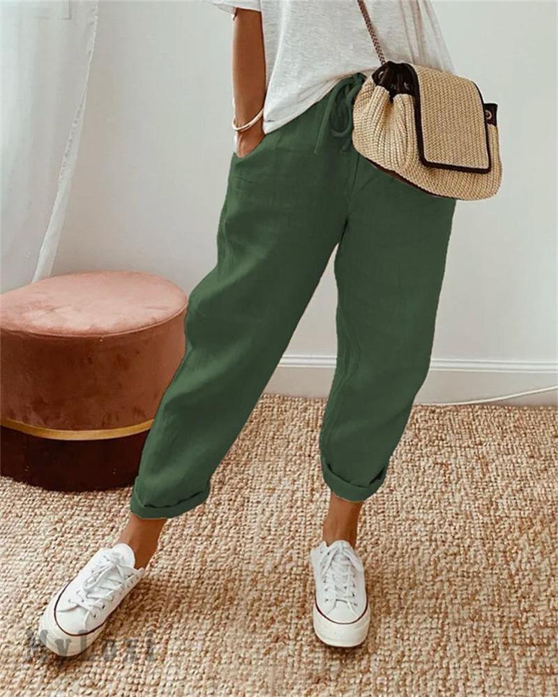 Pantalon décontracté en coton et lin pour femmes