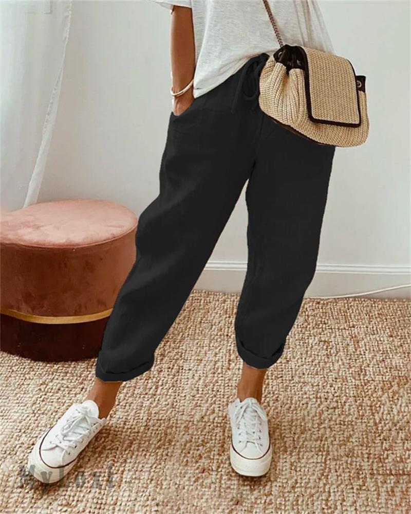 Pantalon décontracté en coton et lin pour femmes