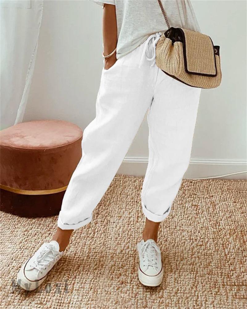 Pantalon décontracté en coton et lin pour femmes