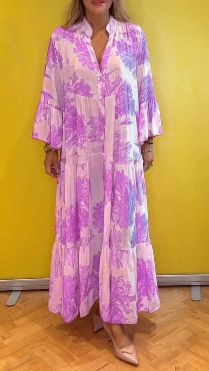 🔥Des réductions allant jusqu'à 49💃Robe longue d'été à col en V à motif forestier pour femmes👗