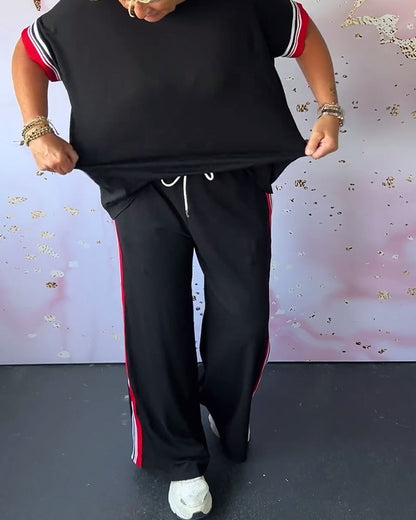 💥Vente de fin d'été 50% DE RÉDUCTION💕Costume deux pièces décontracté à encolure ronde et motif à rayures contrastantes🧥+👖