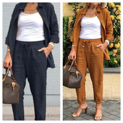 🔥Vente chaude-40% de réduction🎀Ensemble Chemisier à Manches Longues et Pantalon en Coton et Lin pour Femmes