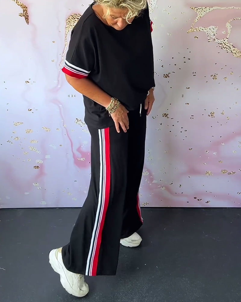 💥Vente de fin d'été 50% DE RÉDUCTION💕Costume deux pièces décontracté à encolure ronde et motif à rayures contrastantes🧥+👖