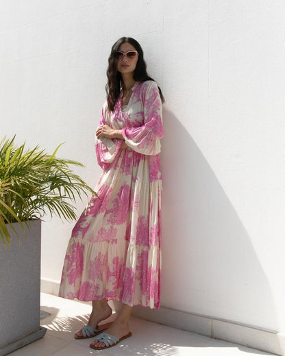🔥Des réductions allant jusqu'à 49💃Robe longue d'été à col en V à motif forestier pour femmes👗