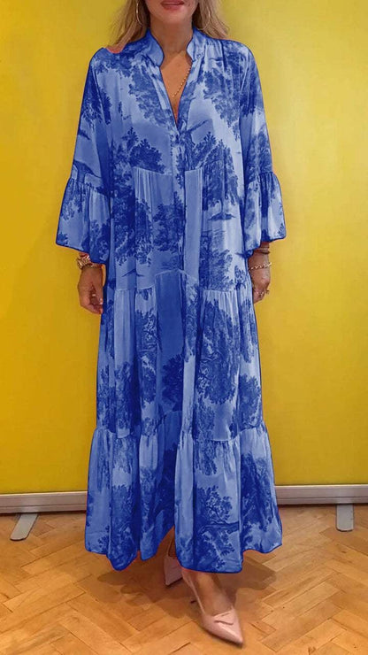 🔥Des réductions allant jusqu'à 49💃Robe longue d'été à col en V à motif forestier pour femmes👗
