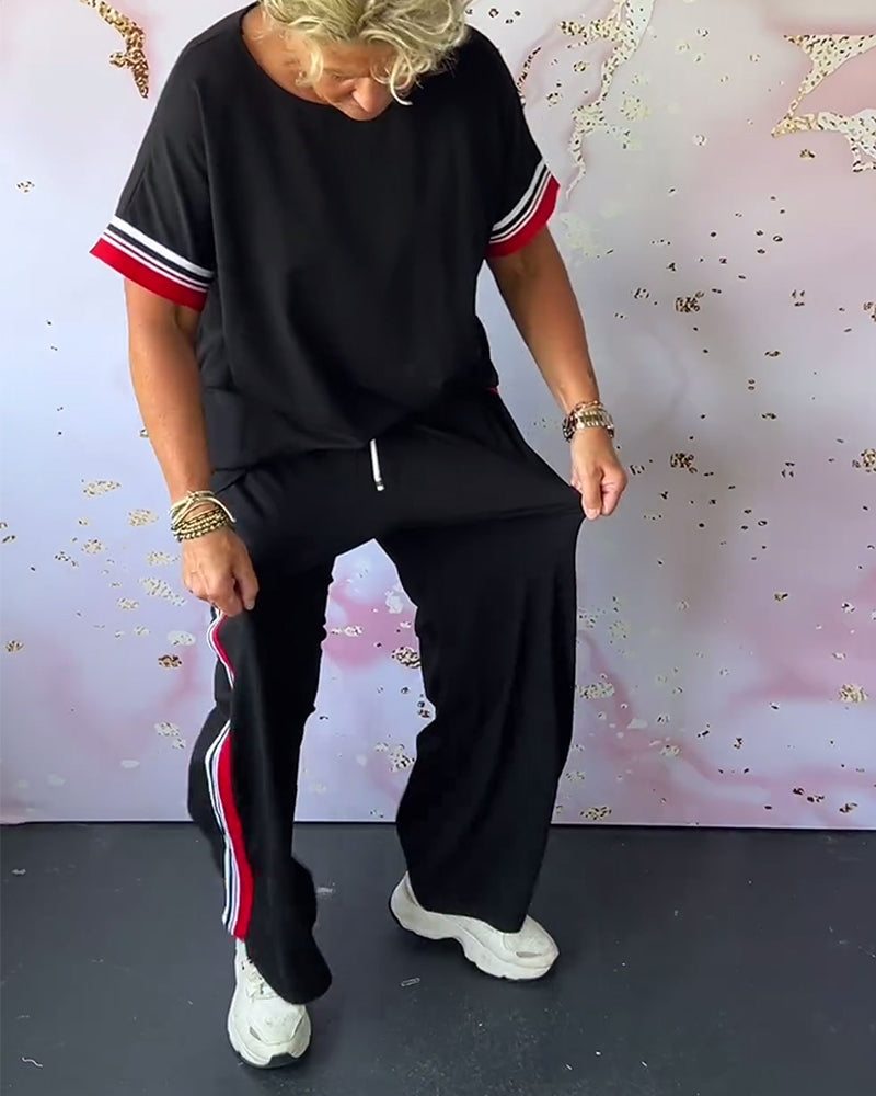 💥Vente de fin d'été 50% DE RÉDUCTION💕Costume deux pièces décontracté à encolure ronde et motif à rayures contrastantes🧥+👖