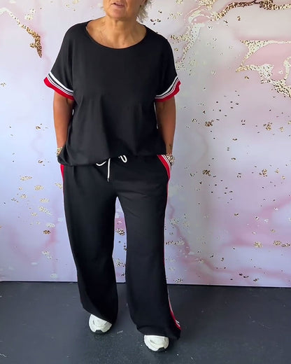 💥Vente de fin d'été 50% DE RÉDUCTION💕Costume deux pièces décontracté à encolure ronde et motif à rayures contrastantes🧥+👖