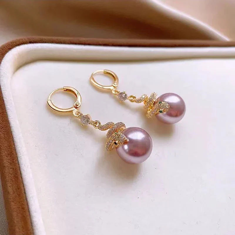 Boucles d'Oreilles Plaquées Or de Serpent avec Perles