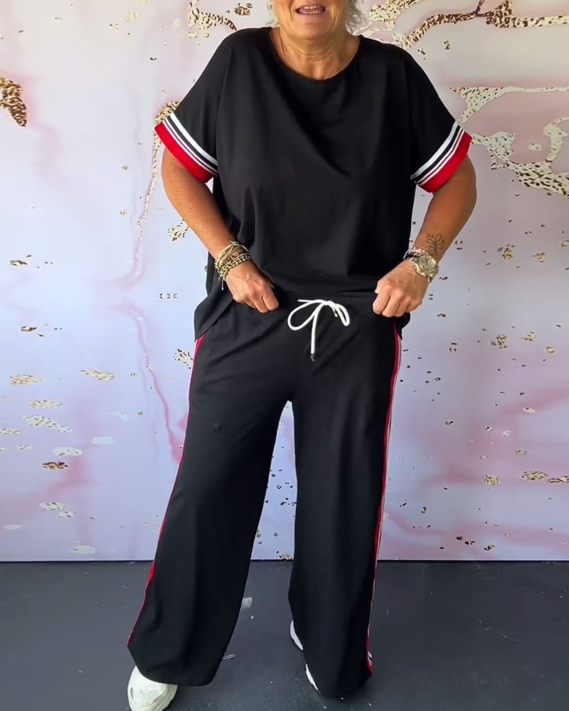 💥Vente de fin d'été 50% DE RÉDUCTION💕Costume deux pièces décontracté à encolure ronde et motif à rayures contrastantes🧥+👖