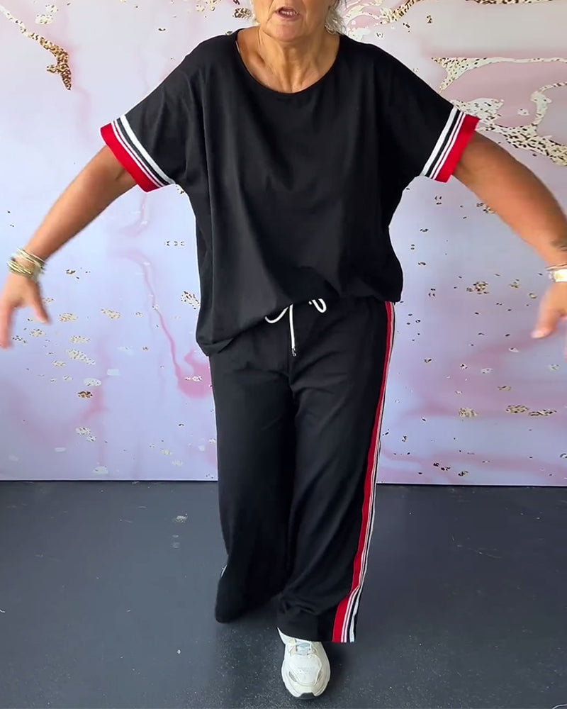 💥Vente de fin d'été 50% DE RÉDUCTION💕Costume deux pièces décontracté à encolure ronde et motif à rayures contrastantes🧥+👖