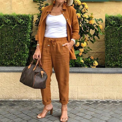 🔥Vente chaude-40% de réduction🎀Ensemble Chemisier à Manches Longues et Pantalon en Coton et Lin pour Femmes