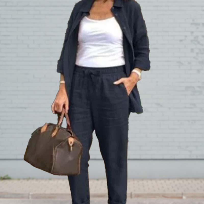 🔥Vente chaude-40% de réduction🎀Ensemble Chemisier à Manches Longues et Pantalon en Coton et Lin pour Femmes