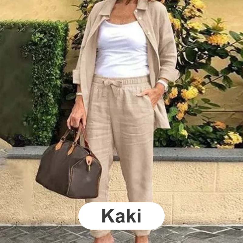 🔥Vente chaude-40% de réduction🎀Ensemble Chemisier à Manches Longues et Pantalon en Coton et Lin pour Femmes