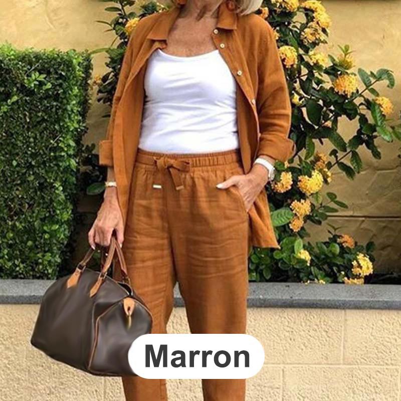 🔥Vente chaude-40% de réduction🎀Ensemble Chemisier à Manches Longues et Pantalon en Coton et Lin pour Femmes
