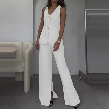🔥49% de réduction💕Ensemble deux pièces pour femme Veste sans manches et pantalon avec décolleté en V et fermeture à boutons sur le devant