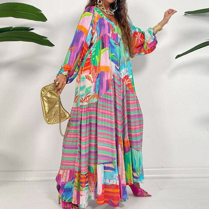 💕49 % de réduction pendant les Jeux olympiques💕 Robe Longue Imprimée à Fleurs avec Col en V