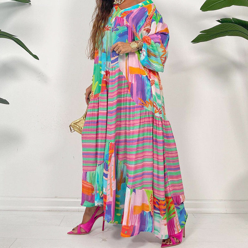 💕49 % de réduction pendant les Jeux olympiques💕 Robe Longue Imprimée à Fleurs avec Col en V