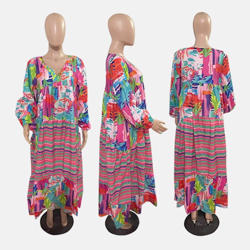 💕49 % de réduction pendant les Jeux olympiques💕 Robe Longue Imprimée à Fleurs avec Col en V