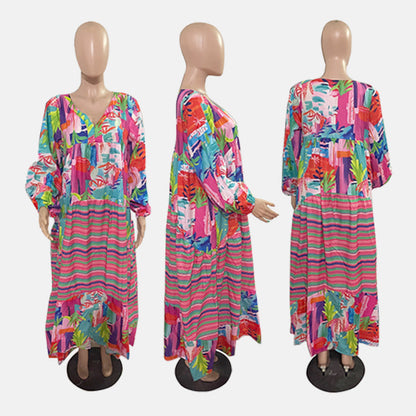 💕49 % de réduction pendant les Jeux olympiques💕 Robe Longue Imprimée à Fleurs avec Col en V