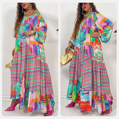 💕49 % de réduction pendant les Jeux olympiques💕 Robe Longue Imprimée à Fleurs avec Col en V