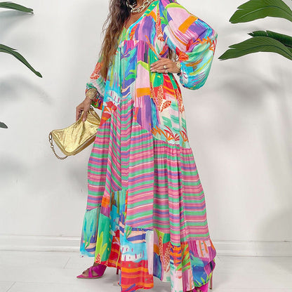 💕49 % de réduction pendant les Jeux olympiques💕 Robe Longue Imprimée à Fleurs avec Col en V