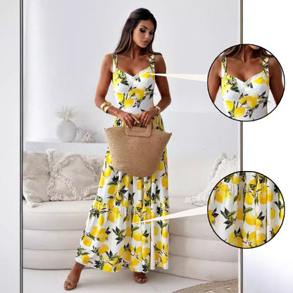 💕49% Off🍋Women's Elegant Lemon Print Spaghetti Strap Flowy Long Dress