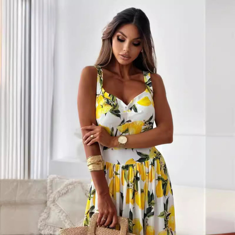 💕49% Off🍋Women's Elegant Lemon Print Spaghetti Strap Flowy Long Dress