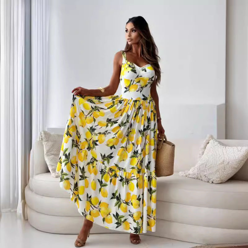 💕49% Off🍋Women's Elegant Lemon Print Spaghetti Strap Flowy Long Dress