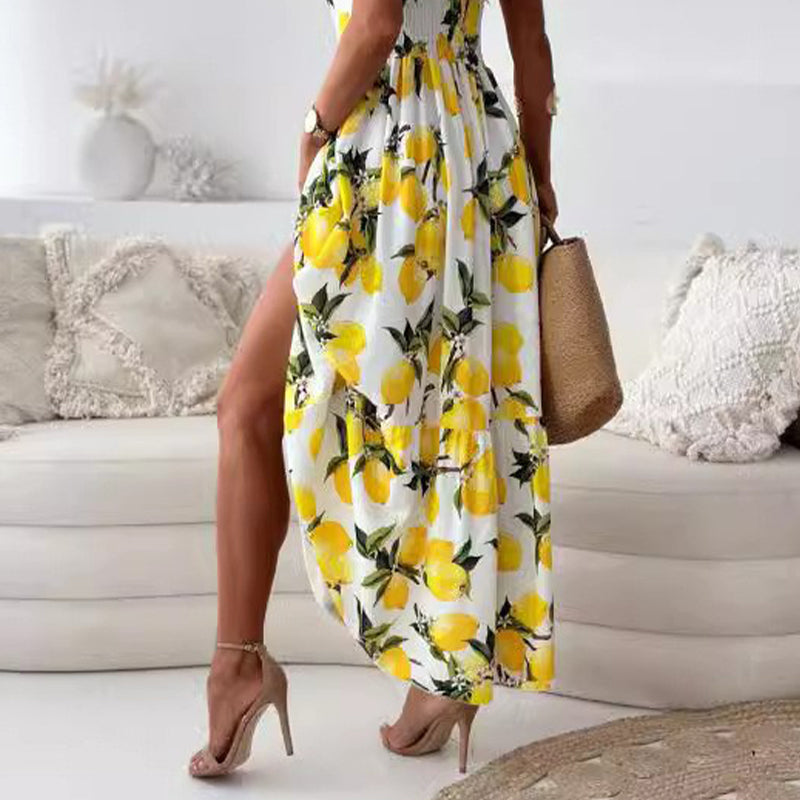 💕49% Off🍋Women's Elegant Lemon Print Spaghetti Strap Flowy Long Dress