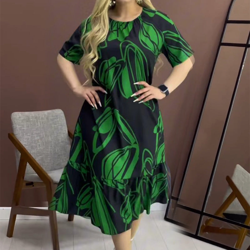 Robe élégante à col rond imprimée et fluide