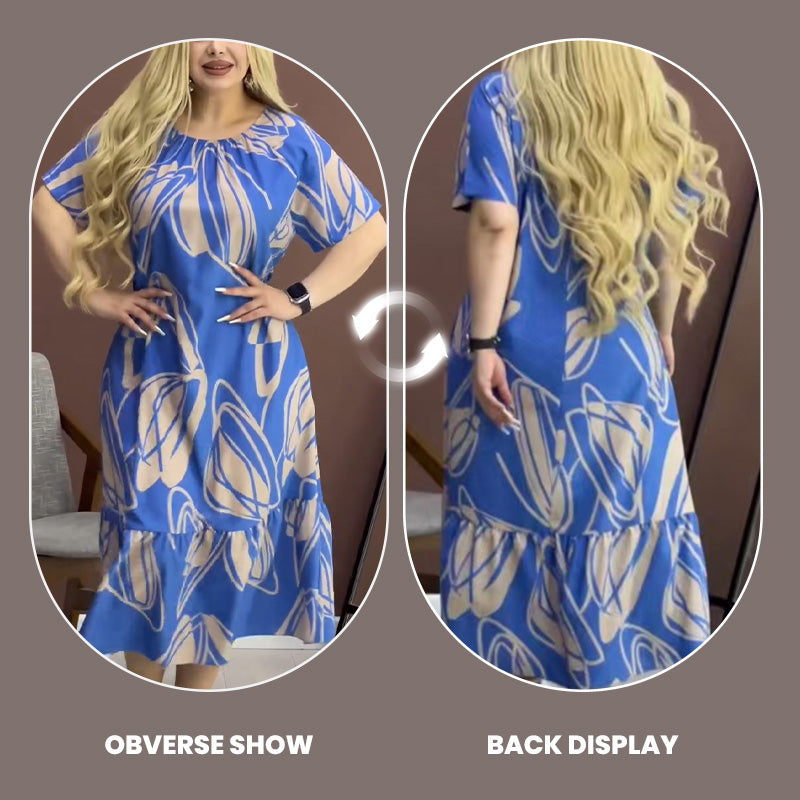 Robe élégante à col rond imprimée et fluide