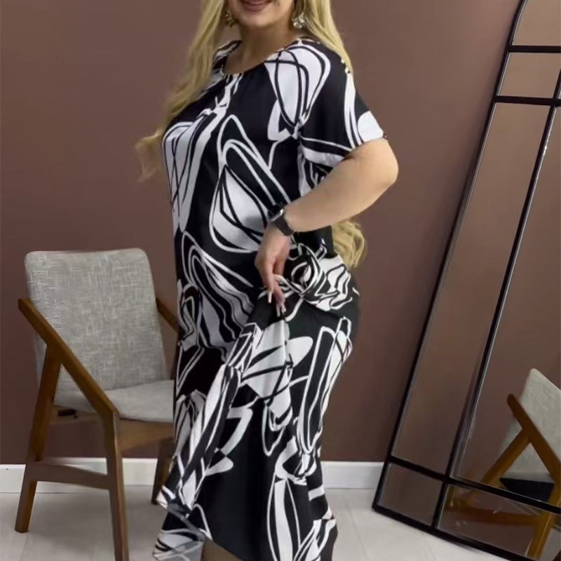Robe élégante à col rond imprimée et fluide