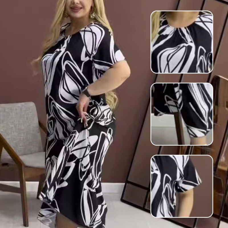 Robe élégante à col rond imprimée et fluide