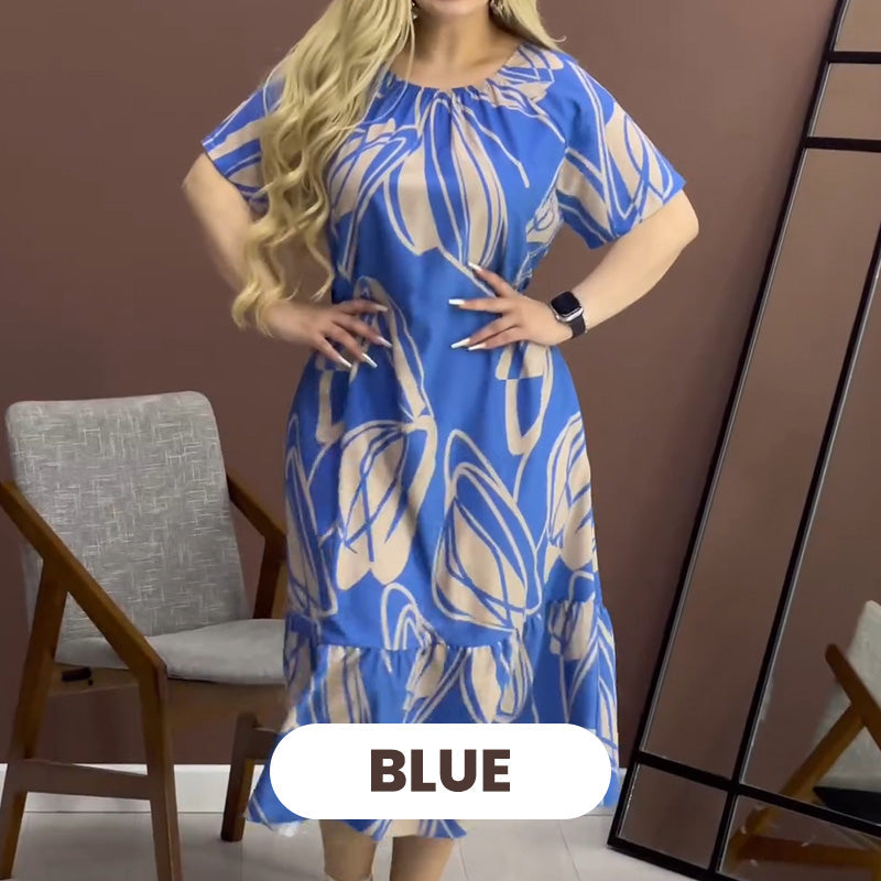 Robe élégante à col rond imprimée et fluide