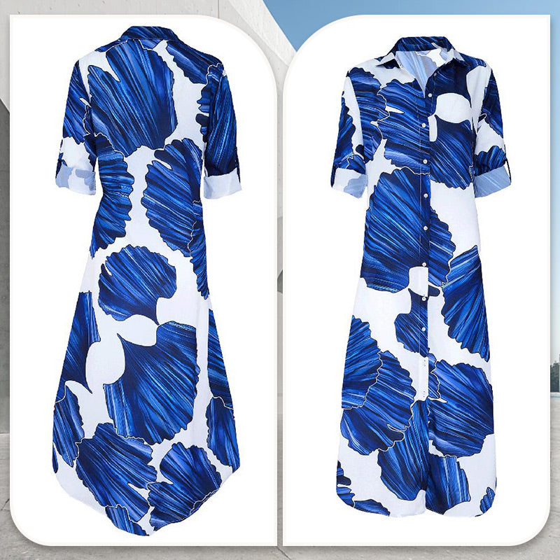 Robe longue à manches longues imprimée de motifs floraux avec col rabattu