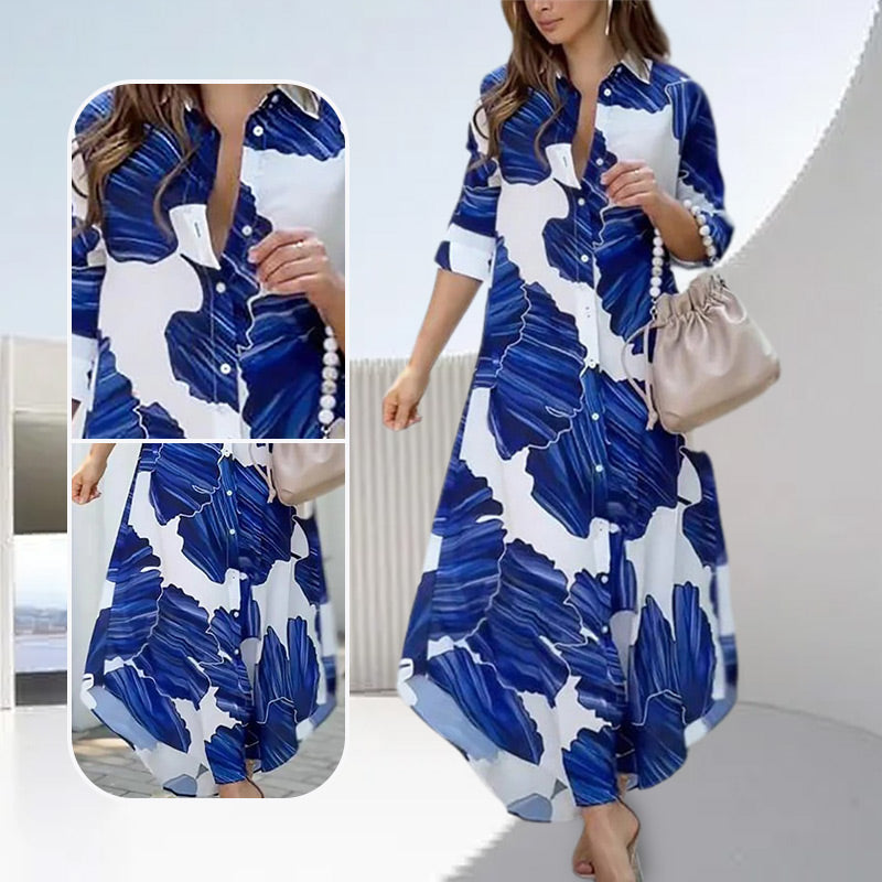 Robe longue à manches longues imprimée de motifs floraux avec col rabattu