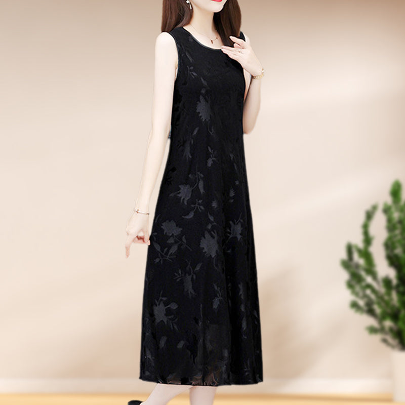 Robe midi sans manches à col rond gaufré