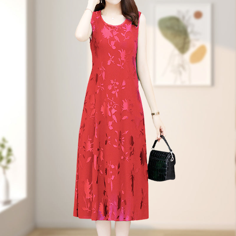 Robe midi sans manches à col rond gaufré