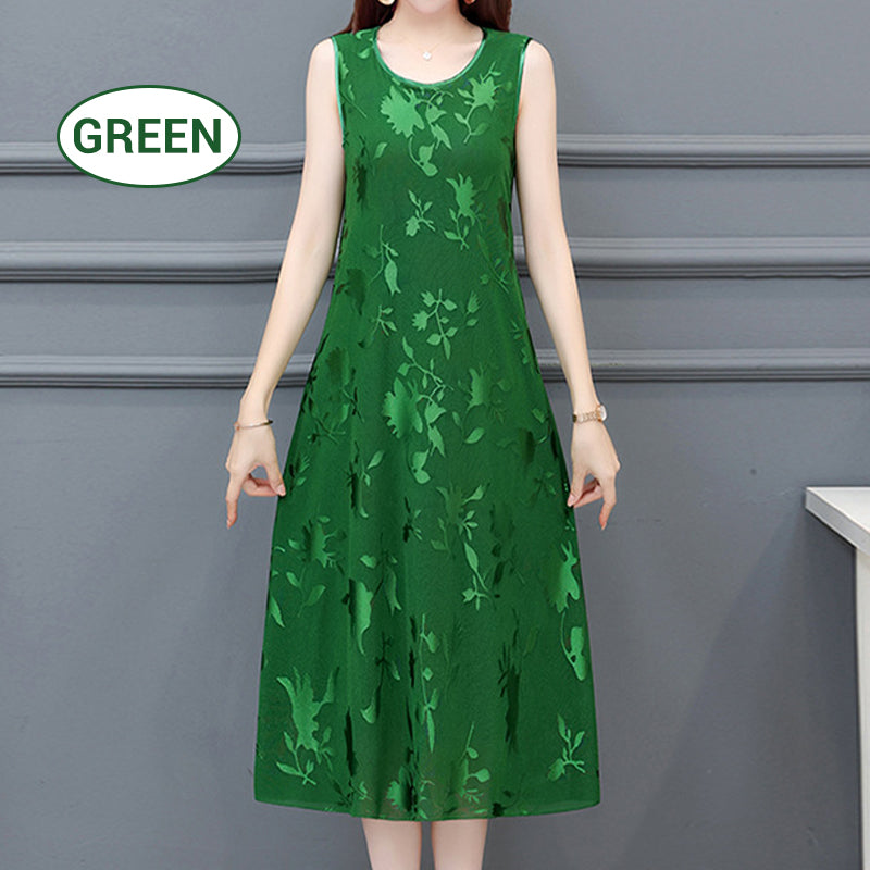 Robe midi sans manches à col rond gaufré