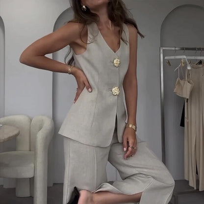 🔥49% de réduction💕Ensemble deux pièces pour femme Veste sans manches et pantalon avec décolleté en V et fermeture à boutons sur le devant
