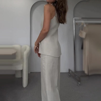 🔥49% de réduction💕Ensemble deux pièces pour femme Veste sans manches et pantalon avec décolleté en V et fermeture à boutons sur le devant
