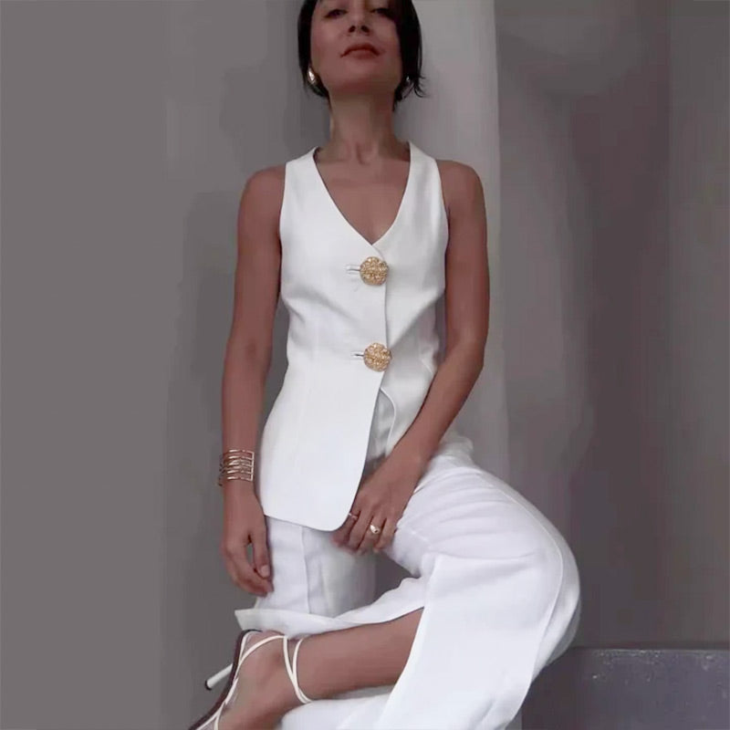 🔥49% de réduction💕Ensemble deux pièces pour femme Veste sans manches et pantalon avec décolleté en V et fermeture à boutons sur le devant