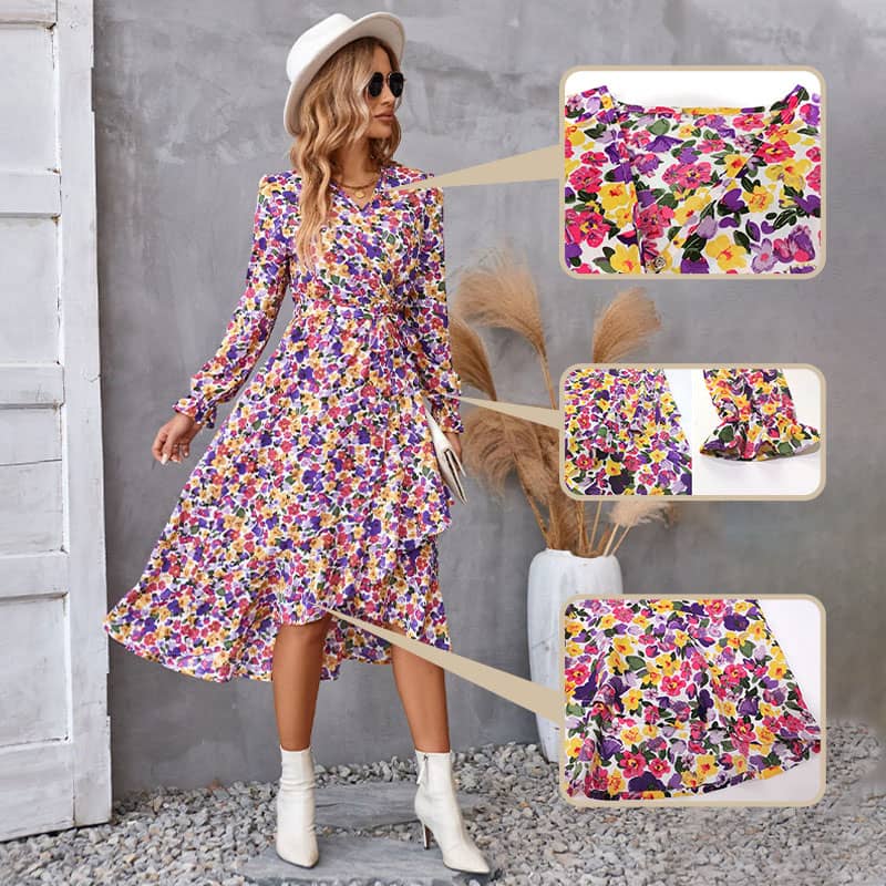 Robe à encolure en V avec ourlet floral irrégulier et fronceur de taille