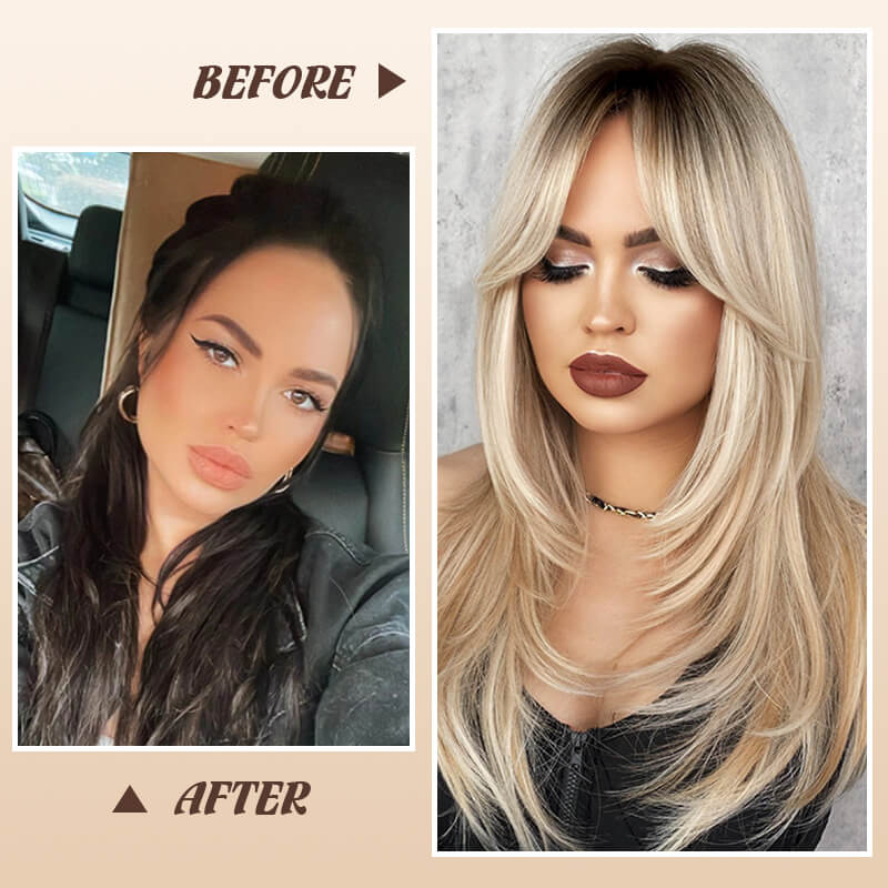 💃Perruque cheveux longs Perruque à frange dégradée